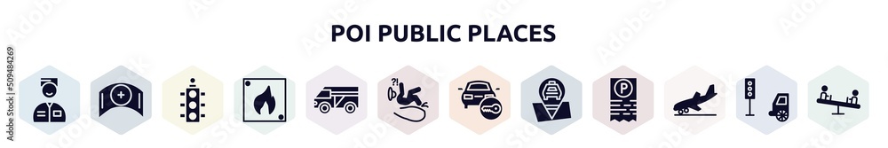poi public places filled icons set. glyph icons such as valet, nursing, semaphore light, fire triangular, minivan taxi, slip, locked car, taxi stop, landing icon. poi public places filled icons set. glyph icons such as valet, nursing, semaphore light, fire triangular, minivan taxi, slip, locked car, taxi stop, landing icon.