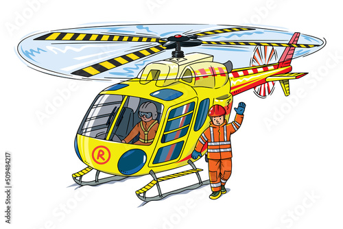 Rescue helicopter and lifeguard or rescuer Cartoon