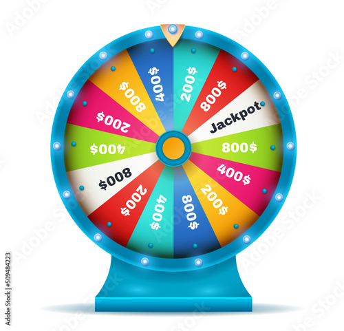 Fortune wheel spin. Multicolored circle divided into slots with money. Prize draw on website, online games and gambling. Poster or banner for lottery on internet. Carton flat vector illustration photo
