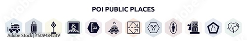 poi public places filled icons set. glyph icons such as ney, hand luggage, traffic, pedestrian crossing, t junction, hackney carriage, reflective, bifurcation, fuel oil bomb service icon.