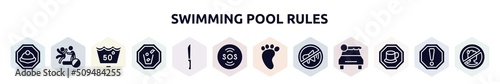 swimming pool rules filled icons set. glyph icons such as mine site, no pushing, 50 degrees medium agitation, throw to the bin, strong knife, sos warning, four toe footprint, no shouting allowed,