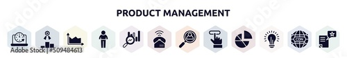 product management filled icons set. glyph icons such as circular clock, competitive, area chart, person shape, search stats, ringing, hiring, subscription, lightbulb icon.