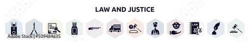 law and justice filled icons set. glyph icons such as electroshock weapon, butterfly knife, legal paper, pepper spray, shotgun, prisoner transport vehicle, ask a lawyer, accident and injuries,