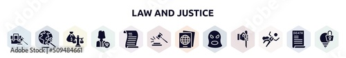 law and justice filled icons set. glyph icons such as employment, diploy, inheritance law, attorney, scroll with law, case closed, immigration, balaclava, crime scene icon.