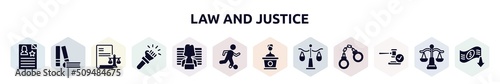 law and justice filled icons set. glyph icons such as criminal record, practise areas, corporative law, violence, prisoner, escape, counsel, justice scale, veredict icon.