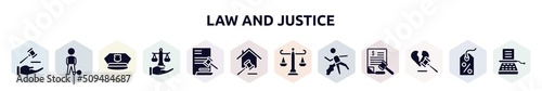 law and justice filled icons set. glyph icons such as qualified protection, convict, police cap, justice scales in hand, documents, property and finance, adminstrative law, corpse, divorce