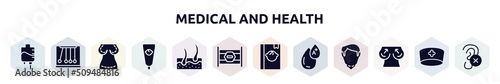 medical and health filled icons set. glyph icons such as iv, momentum, augmentation, baby cream, epidermis, road block, baby book, type a, boobs icon.
