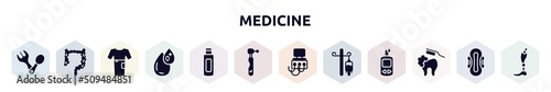 medicine filled icons set. glyph icons such as spoon and fork, intestine, patient robe, type 0, body oil, dental drill, dialysis, drip, brushing teeth icon.