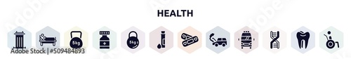 health filled icons set. glyph icons such as recycle bin container, patient in hospital bed, weights, medicine container, kettlebell, test tube and drop, lovely aid band, car crash, chromosome