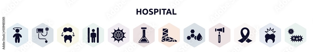 hospital filled icons set. glyph icons such as dizzy, blood pressure meter, dental crown, inversion therapy, pollen, medical lab, cast, trans fat, funeral icon.