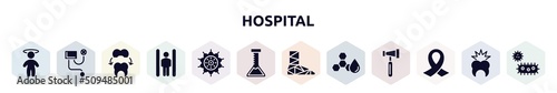 hospital filled icons set. glyph icons such as dizzy, blood pressure meter, dental crown, inversion therapy, pollen, medical lab, cast, trans fat, funeral icon.