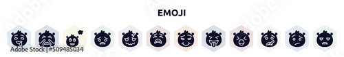 emoji filled icons set. glyph icons such as drool emoji, emoji with steam from e, imagine pouting headache tired proud tongue ill icon.