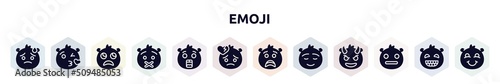 emoji filled icons set. glyph icons such as downcast with sweat emoji, love emoji, slightly frowning muted surprised broken heart scared calm expressionless icon.