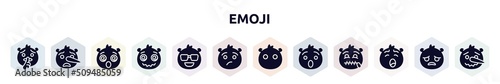 emoji filled icons set. glyph icons such as shushing emoji, liar emoji, dizzy hypnotized cool annoyed without mouth, hushed yawning icon.