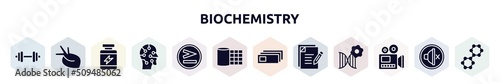biochemistry filled icons set. glyph icons such as dumbell, organ, protein supplement, artificial, greater than, gauze, microscope slides, as, documentary icon.