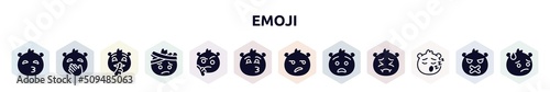 emoji filled icons set. glyph icons such as kissing with closed eyes emoji, hand over mouth emoji, quiet with head-bandage wondering kissing with smiling eyes disappointed anguished sleep