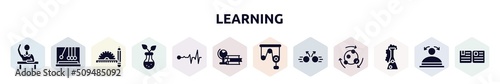 learning filled icons set. glyph icons such as raising hand, , drawing tools, botanic, life line, studies, pulley, collision, chemicals icon.