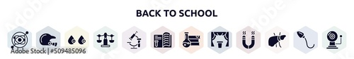 back to school filled icons set. glyph icons such as gyroscope, baseball helmet, blood type, libra, healthcare and medical, journal, science book, curtain, liver icon.