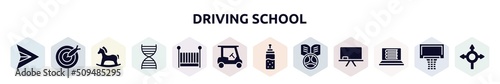 driving school filled icons set. glyph icons such as paper airplane, dart, hobby horse, dna structure, cradle, golf cart, feeder, driving school, e-learning icon.