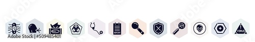 filled icons set. glyph icons such as e coli, breath, tissue, , stethoscope, report, magnifying glass, unprotected, death