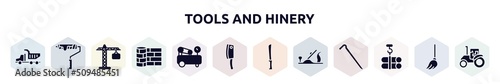 tools and hinery filled icons set. glyph icons such as tipper truck, brush for painting, tall crain, linoleum, air compressor, cleaver, bread knife, plane controls, tubes hook icon.