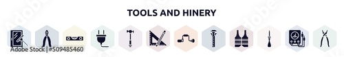 tools and hinery filled icons set. glyph icons such as window cleaner  big pliers  level gauge  electrical plug  hammer facinf left  ruler and pencil  brace  sliding scale  wood lino cutter