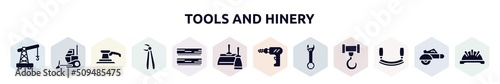 tools and hinery filled icons set. glyph icons such as small crane, bulldozing, sanding hine, forceps, boards, two spatulas, perforator, adjustable wrench, mezzaluna icon.