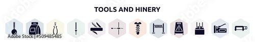 tools and hinery filled icons set. glyph icons such as wrecking ball, washing powder, nippers, knife file, jackknife, wheelbrace, bolts, road panel, concrete icon. photo