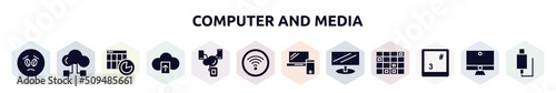 computer and media filled icons set. glyph icons such as frown emot, hosting download, spreadsheet chart, cloud upload, synchronized devices, wifi connection to internet, laptop and tablet,