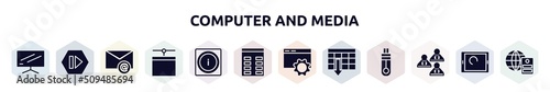 computer and media filled icons set. glyph icons such as flatscreen tv, forward media step, email envelope, network administration, information on internet, spreadsheet column, internet