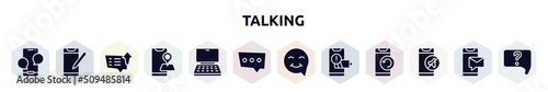 talking filled icons set. glyph icons such as phone with message, phone crayon, message sent, map on phone, notebook computer, three dots ellipsis, smiley inside speech bubble, with low battery, in