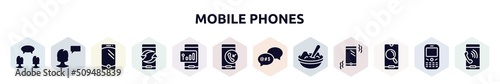 mobile phones filled icons set. glyph icons such as confirmity, monologue, cellphone with one button, exchanging arrows, , incoming call, swearing, mashed potato, magnifier on phone screen