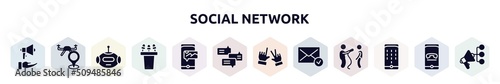 social network filled icons set. glyph icons such as embrace, street map, bot, press conference, mms, debate, , message received, dial pad icon. photo
