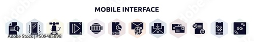 mobile interface filled icons set. glyph icons such as complaint, vibration, air pump, , test card, night mode, international mail, incoming mail, dissatisfaction icon.