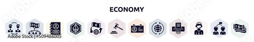 economy filled icons set. glyph icons such as peer to peer, hierarchy structure, personal profile, , money transfer, bid, identification card, worldwide, online support icon.