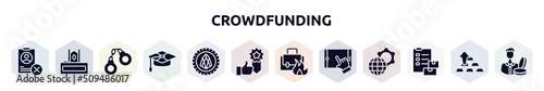 crowdfunding filled icons set. glyph icons such as uneducated, judge chair, handcuffs, mortarboard, eor tokens, best seller, burning, touch screen, customs icon.