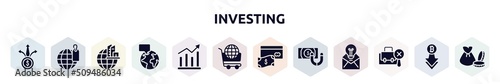 investing filled icons set. glyph icons such as diversify, trademark, headquarters, breaking, demand, world wide shopping, savings, retention, not search icon.