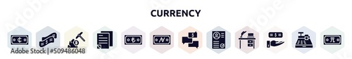 currency filled icons set. glyph icons such as cedis, dollar bill, pickaxe, ledger, turkish lira, namecoin, money talk, curriculum, earnings icon.