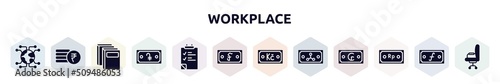 workplace filled icons set. glyph icons such as connector, rupees, binder, dram, to do list, riel, koruna, rippie, indonesian rupiah icon.