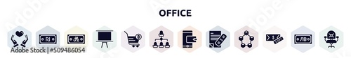 office filled icons set. glyph icons such as solidarity, shekel, riyal, board stand, bitcoin basket, hierarchy, digital wallet, bank statement, fake money icon.