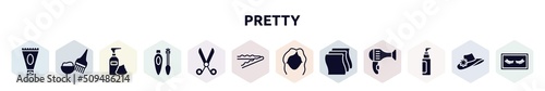 pretty filled icons set. glyph icons such as anti aging cream, hair dye kit, foam hair, eyes mascara, hairdresser scissors, bobby pins, women makeup, cleaning wipes, liquid makeup icon.