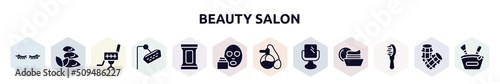 beauty salon filled icons set. glyph icons such as two eyelashes, three stones, beauty salon chair, shower head, makeup remover wipes, mudpack, parfum, makeup mirror, inclined hairbrush