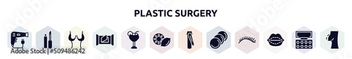 plastic surgery filled icons set. glyph icons such as dryer, lip matt, breast reduction, wet wipes, margarita, lemon slice, nail clippers, cotton discs, lip augmentation icon.