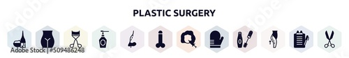 plastic surgery filled icons set. glyph icons such as dye, , eyelashes curler, spray bottle, rhinoplasty, mesotherapy, oven mitt, lifting
