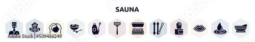sauna filled icons set. glyph icons such as surgeon, oak, curling hair, salt, mascara, shaving, eye shadow, cotton swab, lip icon.