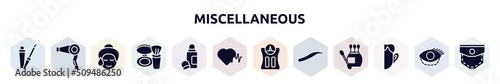 miscellaneous filled icons set. glyph icons such as lip gloss, hairdryer, glowing skin, blush, deodorant, hearts, bathroom scale, eyebrows, otoplasty icon.