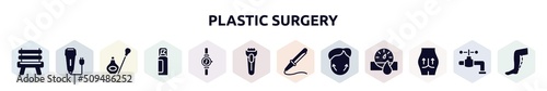 plastic surgery filled icons set. glyph icons such as wooden chair, electric razor, eyeliner, hair spray, wrist watch, shaver, curling, genioplasty, gluteus implant icon.