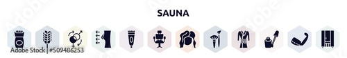 sauna filled icons set. glyph icons such as epilator, birch whisk, sex reas, breast enlargement, tooth paste, hairdresser chair, hairdresser, brushes, nail color icon.