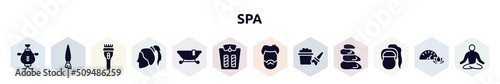 spa filled icons set. glyph icons such as samovar, angle brush, clipper, ponytail hair, , weighing, male head hair and beard, bubbles, female head with ponytail icon.