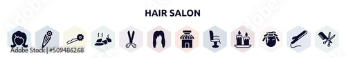 hair salon filled icons set. glyph icons such as woman hair, barette, hairpin, stones, scissors opened tool, female hair, barber shop, chair side view, curlers icon.